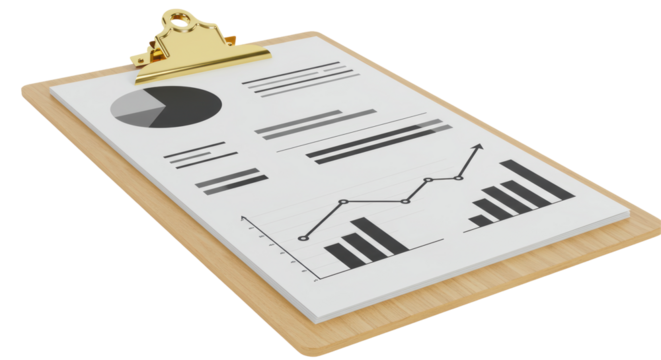 Isolated Business Clipboard with Statistical Data and Graphs