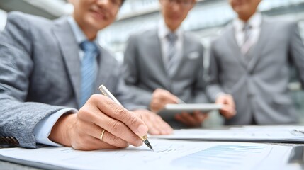 Fototapeta premium Businessman Signing Document with Colleagues in the Background at a Corporate Meeting