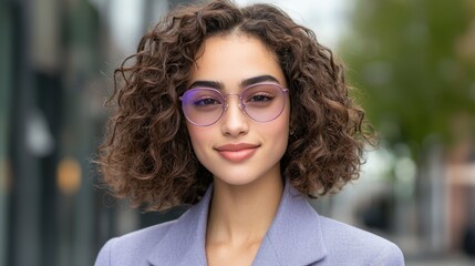 Chic urban style portrait with lavender jacket, purple lenses, and confident smile