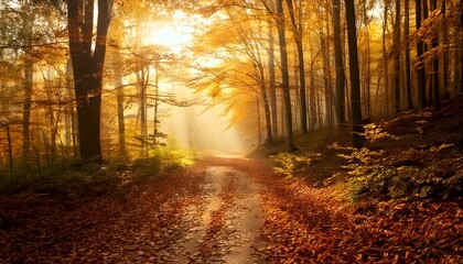 Camino forestal oto&ntilde;al con luz solar y niebla