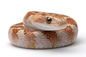 Fototapeta premium Coiled Snake Close-up on White Background Reptile Portrait