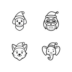  a vector set of animals head with Santa hat on white background