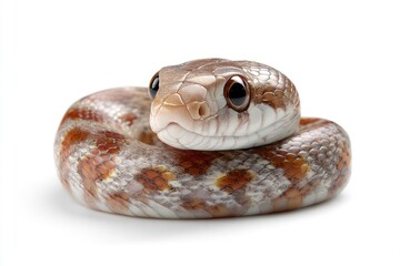 Fototapeta premium Close-up of Coiled Snake with Brown and White Pattern on a White Background