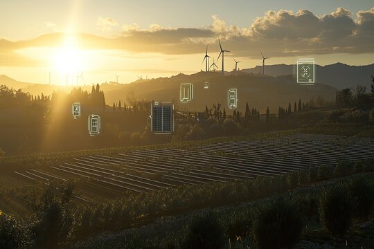 Sunset over a sustainable energy farm with various technologies overlaid.  Solar panels, wind turbines, and battery storage systems are integrated into the agricultural landscape
