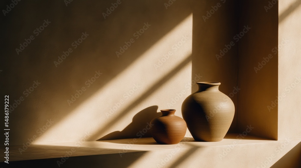 Poster two elegantly shaped pottery vases resting on a sunlit shelf, casting soft shadows in a minimalist s