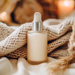 Elegant skincare serum bottle on cozy backdrop in soft beige and neutral tones