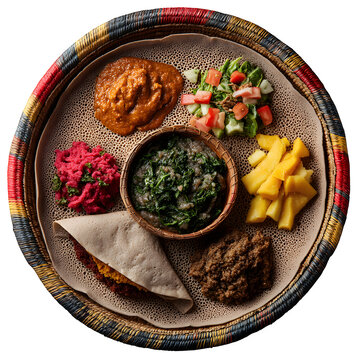 Ethiopian injera spread on a large woven tray with colorful servings of doro wat, misir wot, and gomen, rustic styling, isolated on transparent background