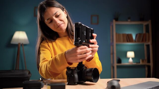 Female Photographer Placing Light Modifier on Camera Preparing for Indoor Studio Shoot