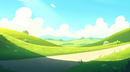 Obraz premium Peaceful, rolling hills bathed in sunlight. A gentle path meanders through lush greenery