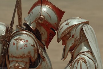 A couple of people in medieval armor are kissing each other