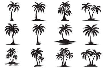 Palm Tree Silhouette Icons Set for Tropical Beach and Summer Designs