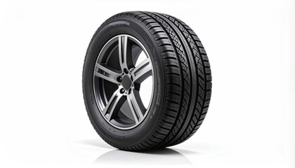 Close up shot of a new black car tire with detailed tread pattern against a white background. Tire displayed in studio lighting showing the tire's rubber and alloy wheel.