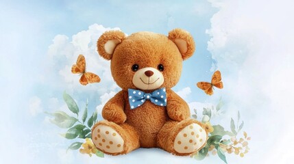 Obraz premium Cute teddy bear doll with polka dot bow in soft blue watercolor style