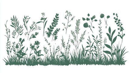 Collection of various plants and flowers in silhouette
