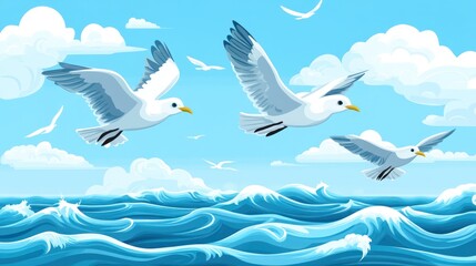 Obraz premium Seagulls soar over rippling waves under a cerulean sky