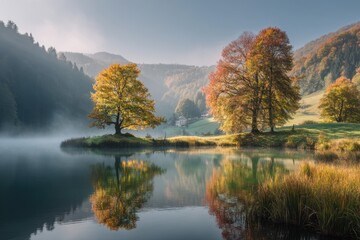 Fototapeta premium Serene Reflections on an Autumnal Lake Morning