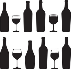 Collection of Wine Bottles and Glasses Silhouettes