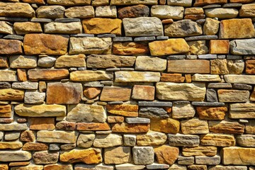 Obraz premium Patterned Stone Wall with Mixed Natural Rocks. Textured background of a stone wall made from various shapes and shades of natural rocks, ideal for architecture and design themes