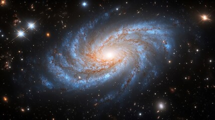 A stunning spiral galaxy with vibrant blue hues and bright stars in a cosmic scene. Explore the wonders of the universe.
