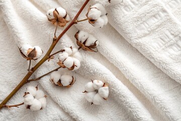 Cotton Branch on Soft White Towels. A natural cotton stem rests on neatly folded white towels, evoking softness, purity, and organic comfort in home textiles