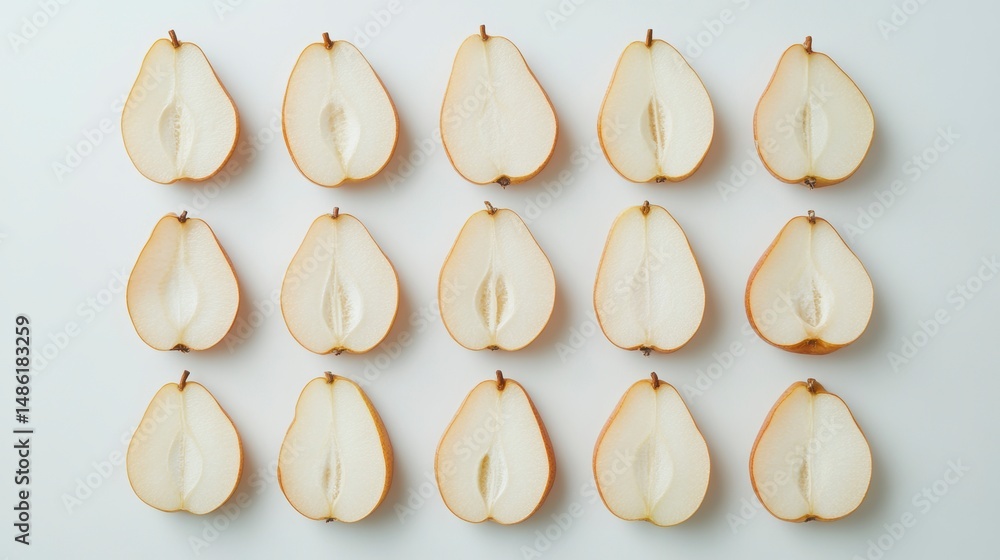 Poster Flat lay of fifteen pear halves arranged in a grid pattern on a white background.