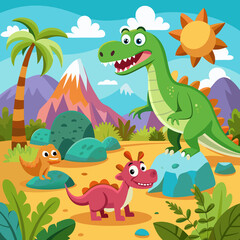 Cute dinosaurs and lizards in a prehistoric landscape