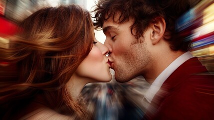 A couple is kissing passionately with blurred motion effects suggesting speed and movement in an urban environment.