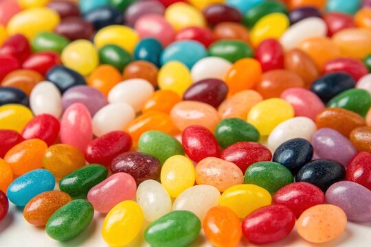 Colorful Jelly Beans Candy Close-Up Background. Assorted bright jelly beans in various colors fill the frame, creating a cheerful and playful candy-themed background image