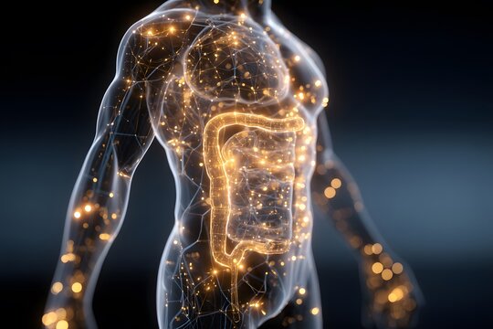 Human Body with Highlighted Digestive System and Lymphatic Network in Glowing Detail