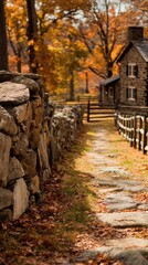 Serene Autumn Pathway Leading Towards a Cozy Cottage