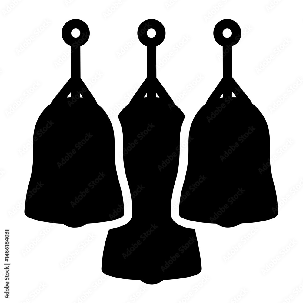 Poster three stylized bell shapes hanging from loops, creating a decorative pattern