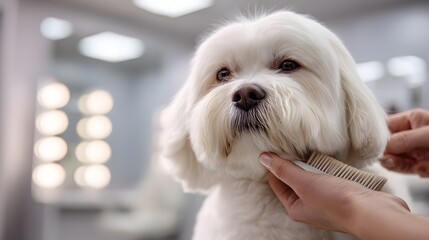 A White Maltese Dog Being Groomed in a Professional Salon with Soft Lighting and Mirrors