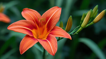 A vibrant orange daylily blossom with striking red accents and prominent stamen is accompanied by unopened buds in a lush green garden setting outdoors.