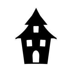 Simple Black and White Illustration of a Stylized Spooky Haunted House