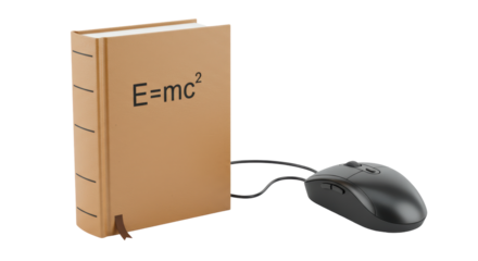 Isolated Science Book with E equals MC Squared and Computer Mouse