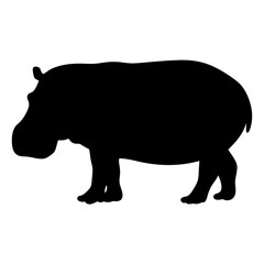 A black silhouette of a hippopotamus standing against a white background