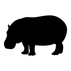 A black silhouette of a hippopotamus standing against a white background