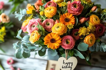Close-up of vibrant floral arrangement, includes a ?happy birthday? tag