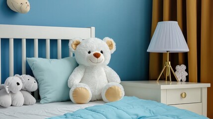 Hand-drawn teddy bear plush in baby blue hues, perfect for kids room