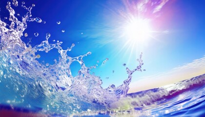 sunlit vibrant iridescent water splash in clear blue sky with pink and purple highlights, surreal, dynamic abstract digital art background suitable for web design, branding, advertising and poster