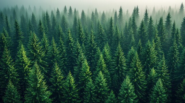 Dense forest canopy in misty morning light - Powered by Adobe