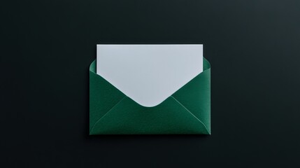 Green envelope with white card on black background, top view display concept.
