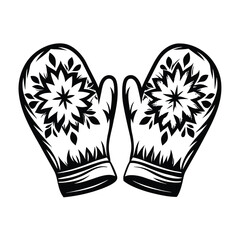 Winter Mittens Outlines with Floral Snowflake Detail, Isolated on White Background
