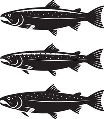 Three Black Silhouettes of Salmon Fish in Different Sizes