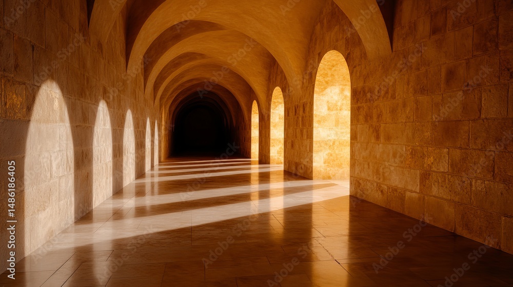 Poster arched hallway features repetitive architectural design elements and light shafts creating a warm at