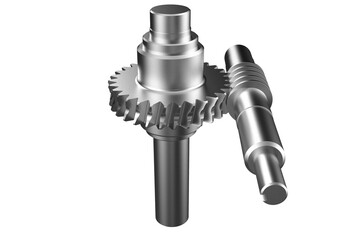 3D rendered metallic worm gear and spur gear mechanism isolated on a PNG Transparent HD Background. High resolution rendering of a mechanical transmission system component for engineering, industry,