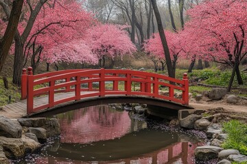 Obraz premium Serene Cherry Blossom Garden Featuring a Quaint Wooden Bridge and Tranquil Water Flow at Springtime