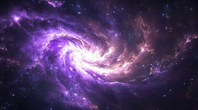 Beautiful fractal galaxy in purple hues with bright stars and cosmic dust swirling in space. Explore the wonders of the universe now.