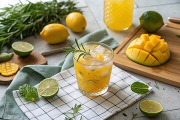 Fototapeta premium Refreshing mango citrus drink with herbs and ice. Glass of cold mango citrus beverage with lime, lemon, herbs, and ice cubes on a summer table setting, surrounded by fresh ingredients