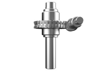 3D rendered metallic worm gear and spur gear mechanism isolated on a PNG Transparent HD Background. High resolution rendering of a mechanical transmission system component for engineering, industry,